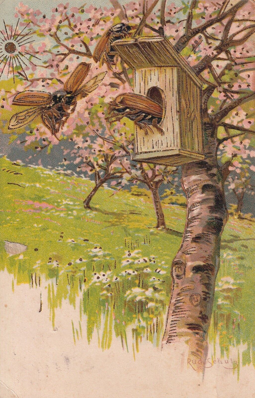 Vintage Greetings Spring Time Honey Bees Pink Lilac Trees Postcard Early 1900s