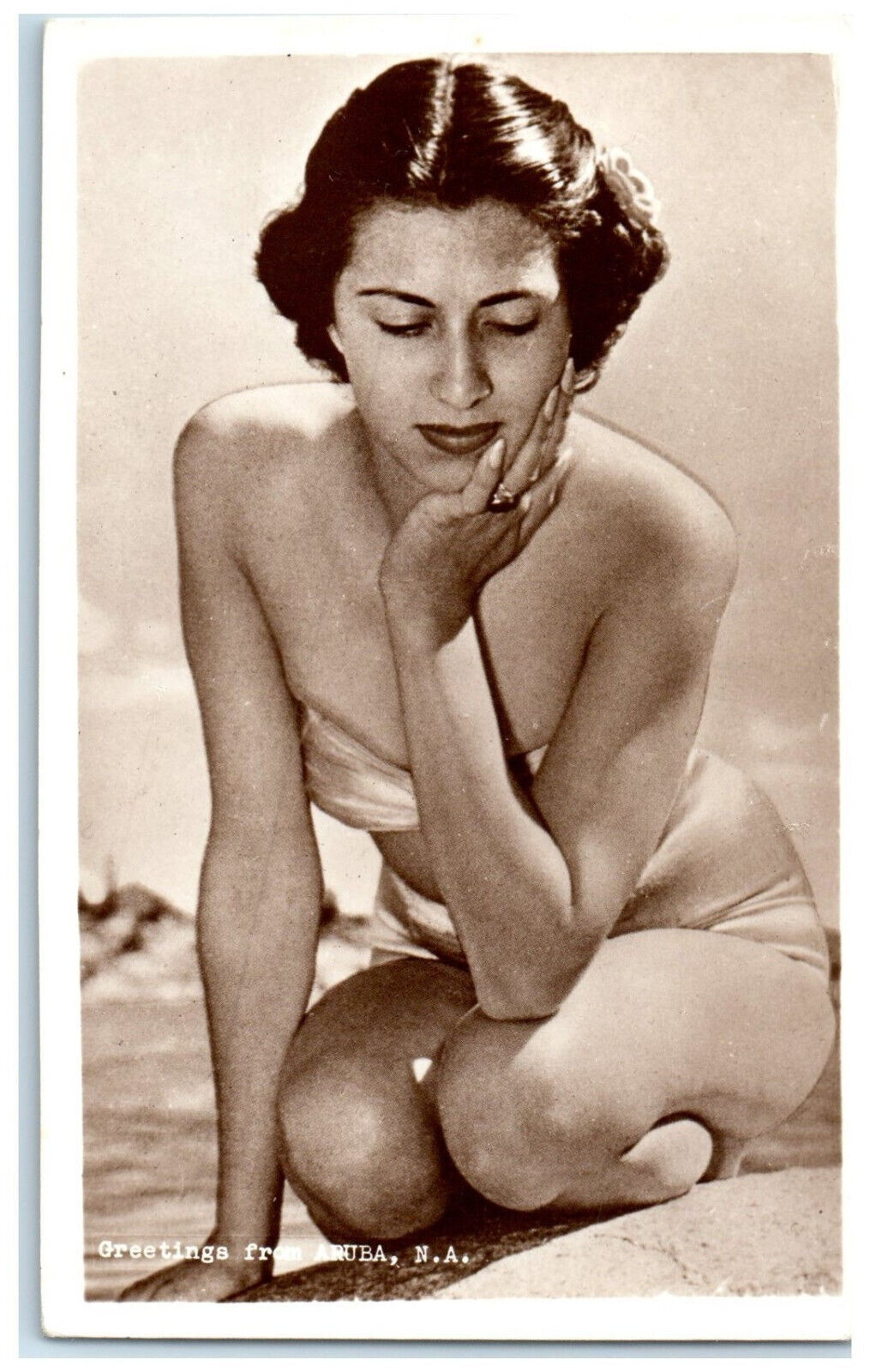 c1940's Model Woman in Bikini Greetings from Aruba N.A. RPPC Photo Postcard
