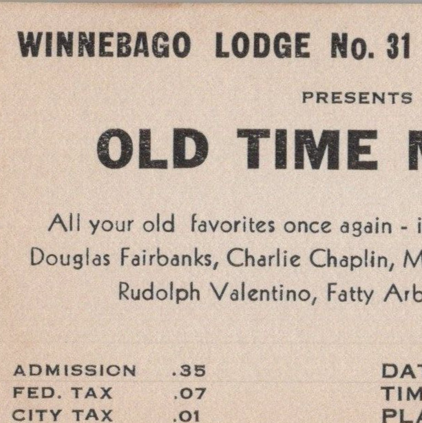 1949 Old Time Movies Odd Fellows IOOF Winnebago Lodge Tegner Hall Ticket