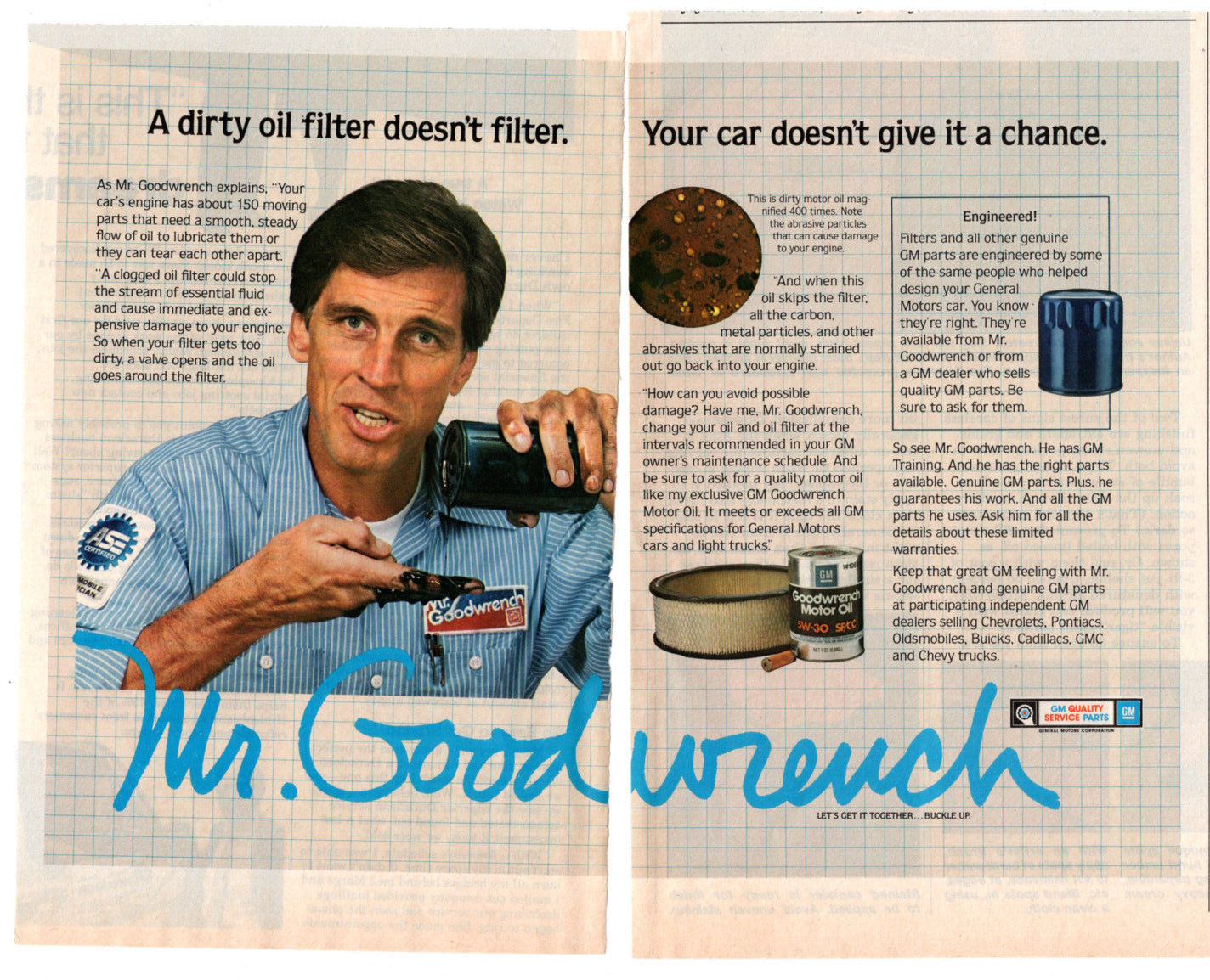 Mr. Goodwrench GM General Motors Oil Filters 1985 Vintage 2 Pg Print Ad Original