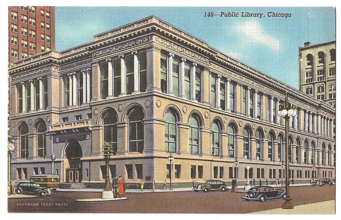 Chicago Illinois c1940\'s Public Library Building, downtown, vintage car