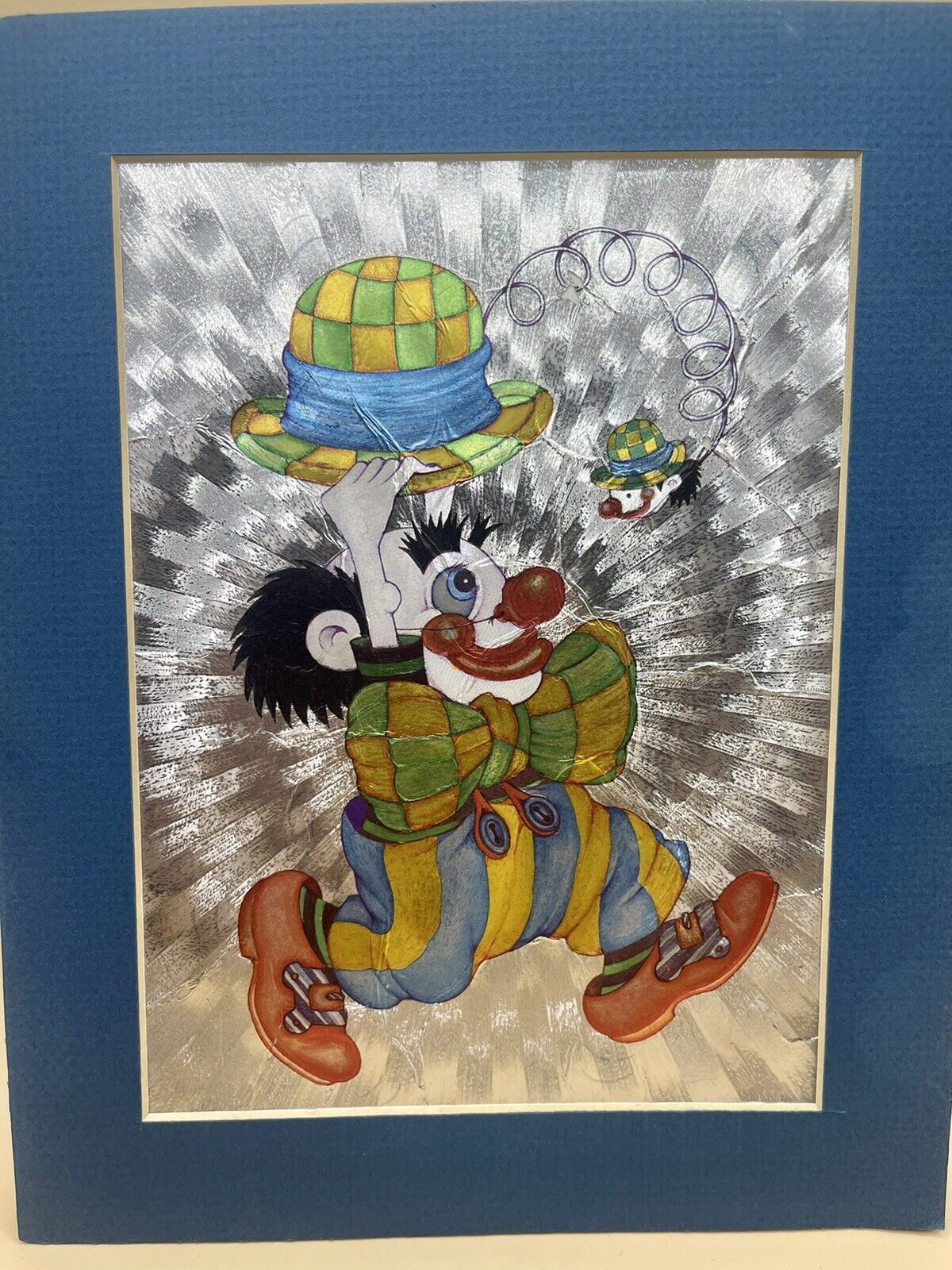 Vintage Dufex Foil Circus Clown Print Matted In Blue