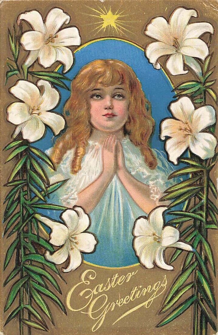 c1907 Winsch Back Girl Prays Lilies Star Easter P284