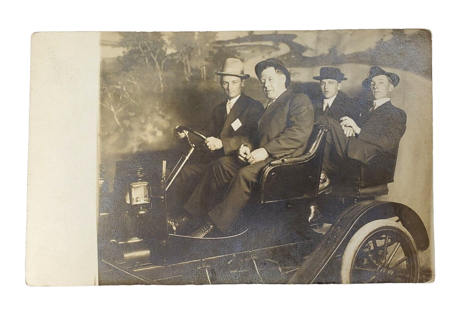 c1904-1918 RPPC Postcard Dressed Up Gentlemen In Old Automobile Unposted