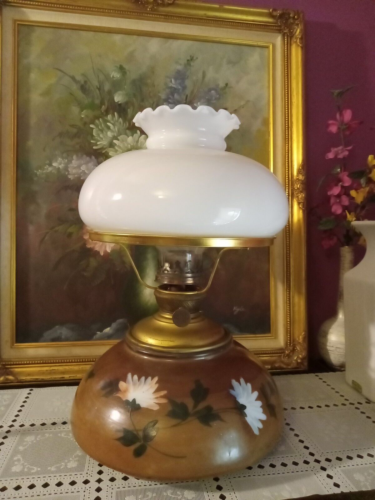Large Antique Success Hand Painted Oil Lamp With White Milk Glass Shade