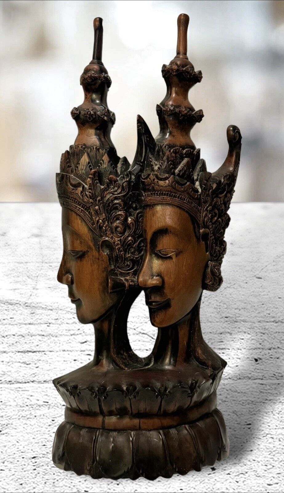 Vintage Elaborate Hand Carved Indonesian Rama & Sita Wood Bust 6.5\