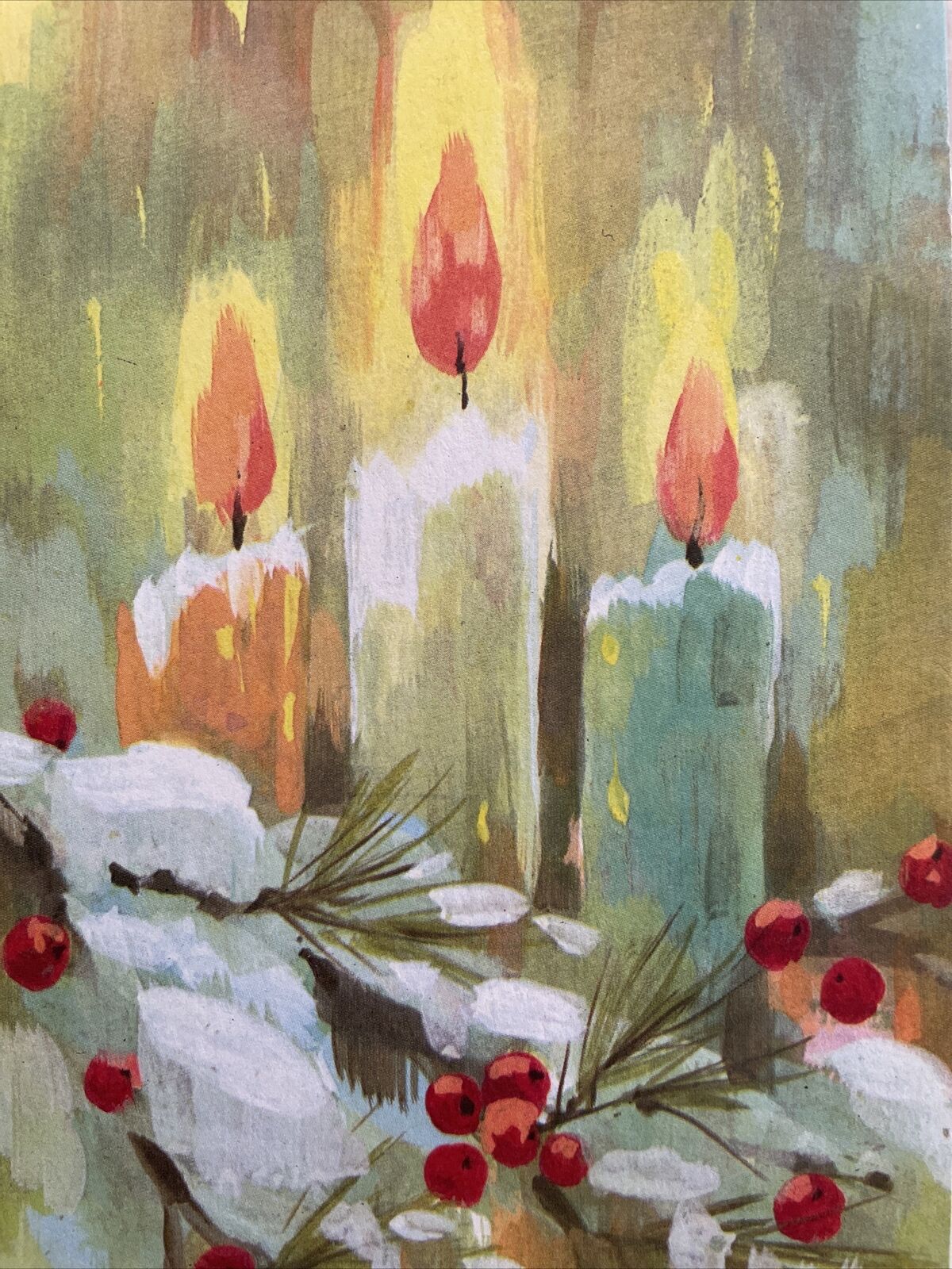 60s Mod Watercolors Chunky Candles Berries Snow VTG Christmas Card UNUSED