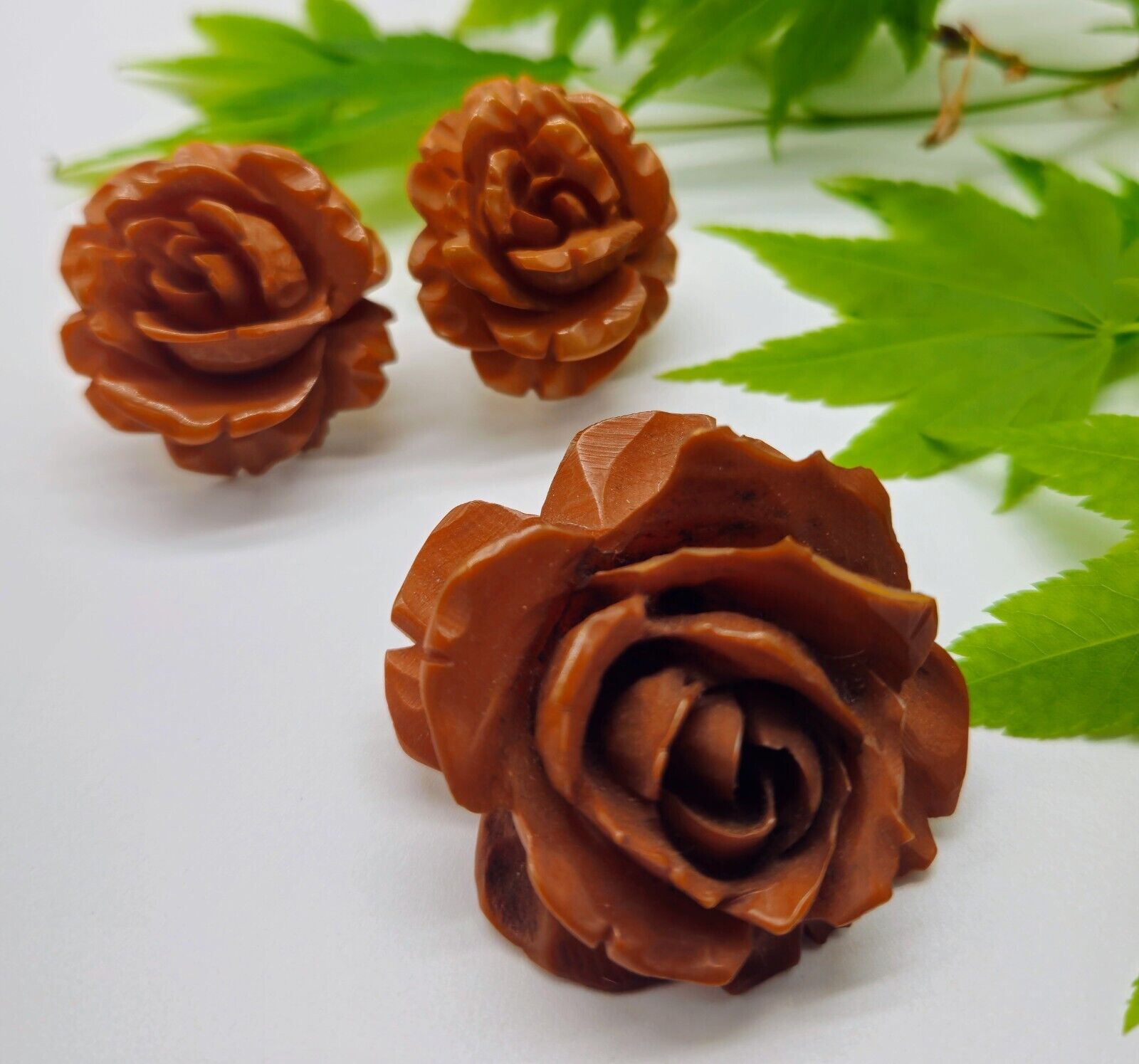 Vintage Bakelite Carved Caramel Rose Earrings and Pin Brooch Set
