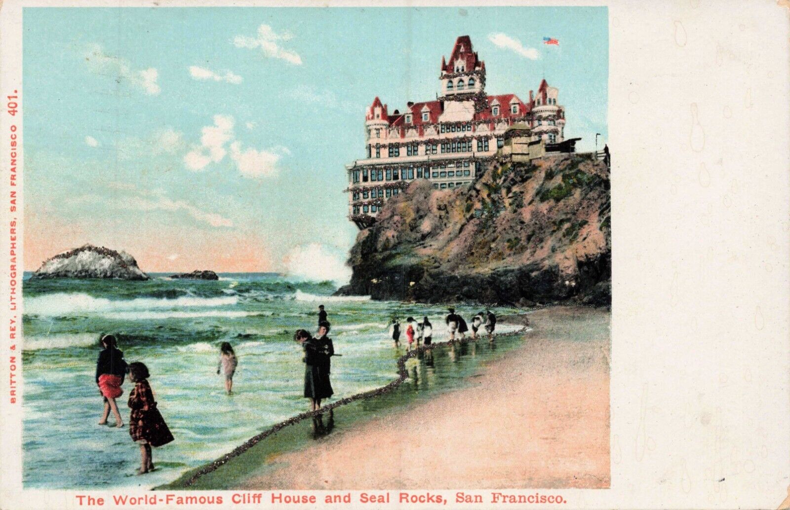 Vintage Postcard Cliff House Seal Rocks San Francisco Beach Children CA USA Flag