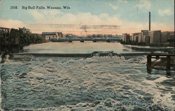 1918 Wausau,WI Big Bull Falls Marathon County Wisconsin E.A. Bishop Pub. Vintage