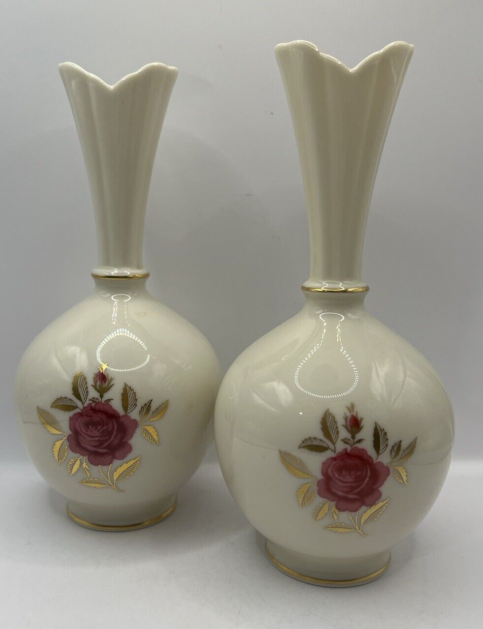 2 Vintage Lenox Rhodora Bud Vase Ivory With Pink Rose Gold Leaves