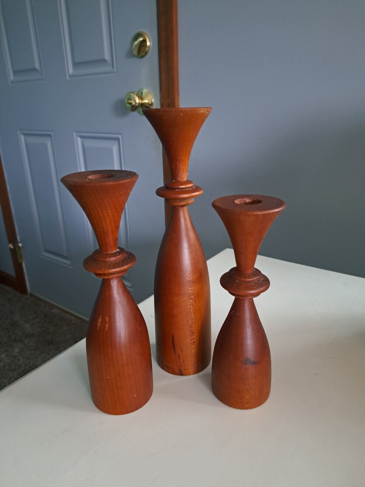 Vintage Hand Spun Wooden Candle Holders Set Of 2