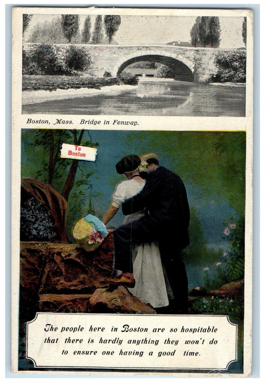 1910 Bridge in Fenway Boston Massachusetts MA Couple Flowers Multiview Postcard