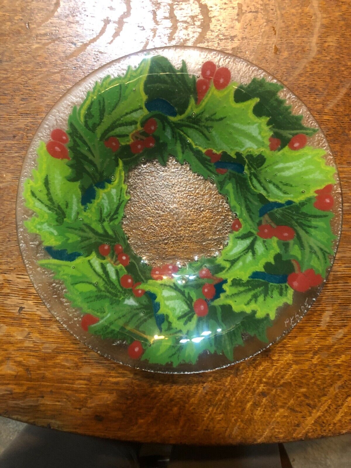 Vintage Peggy Karr Signed Fused Art Glass Holly Berry & Ivy Bowl-8 1/2\