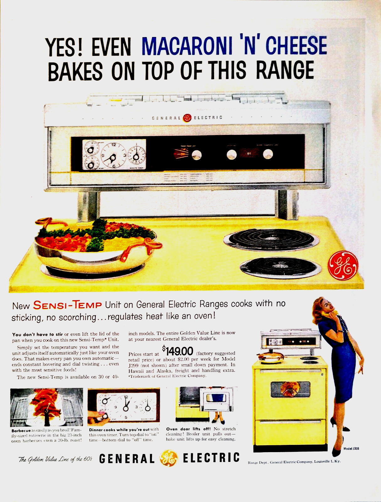 1960 General Electric MCM Yellow Stove Cooks No Sticking Scorching Print Ad