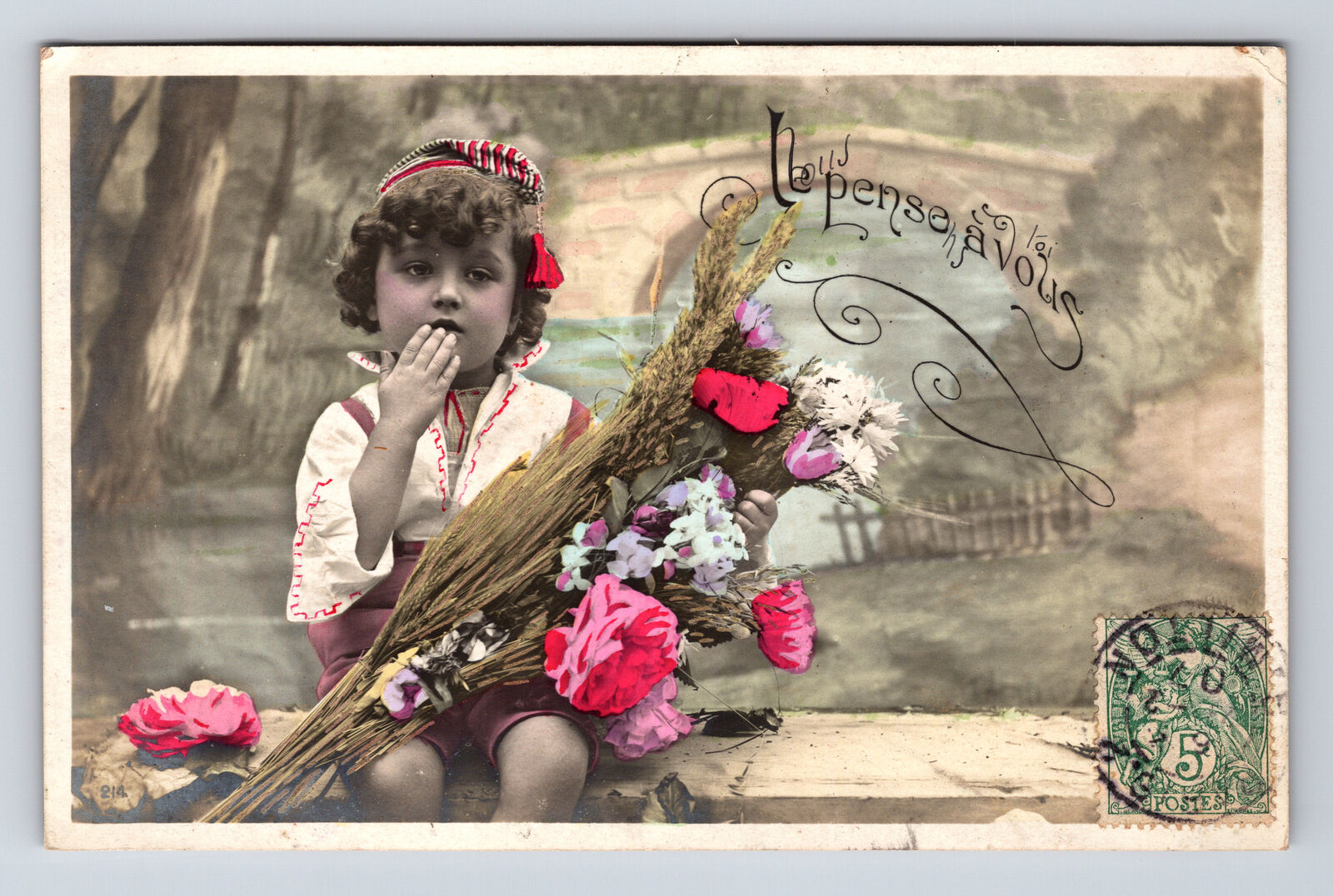 c1907 RPPC Hand Colored Portaitof Young Child Flowers Bouquet Postcard