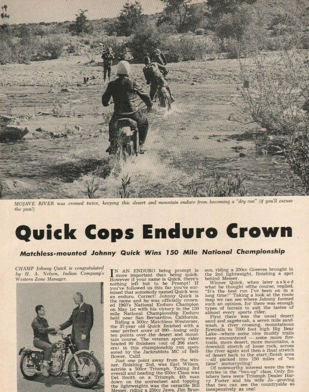 1960 Johnny Quick Matchless wins Bellflower CA Enduro -1-Page Motorcycle Article
