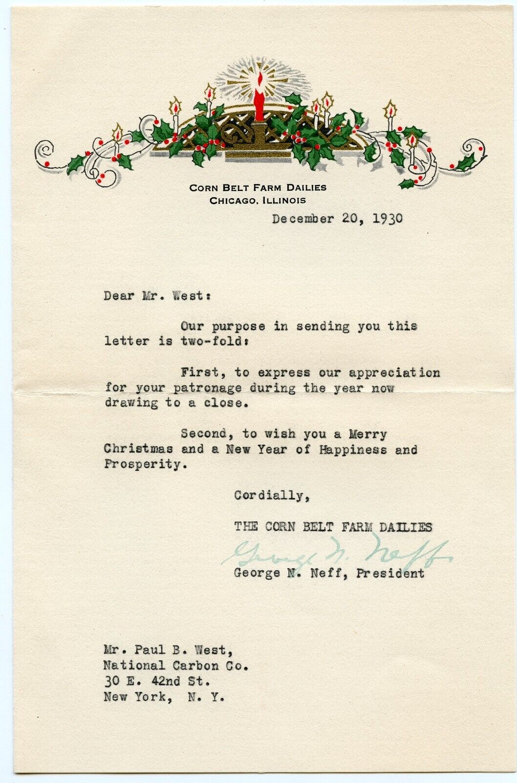 1930 Christmas Letter Corn Belt Farm Dailies Chicago National Carbon Co.