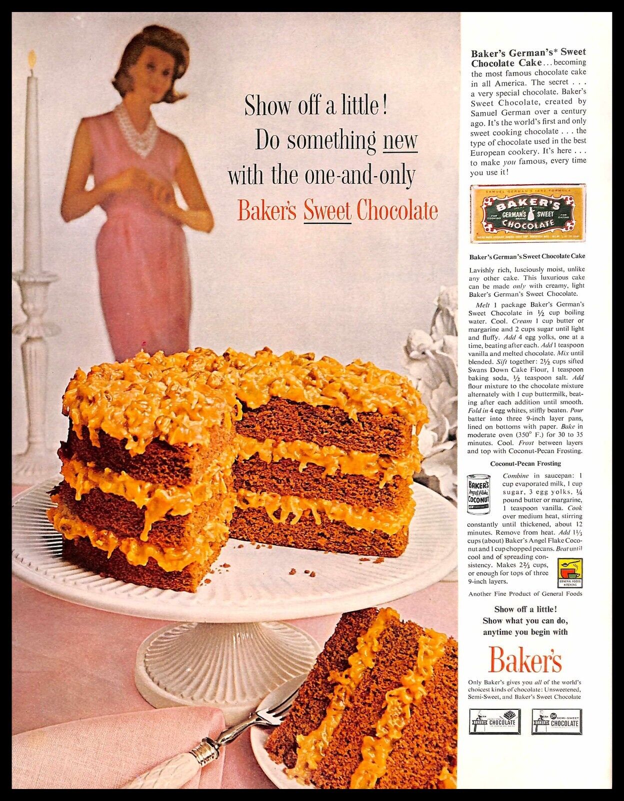 1961 Baker's German's Sweet Chocolate Cake Vintage PRINT AD Baking Recipe