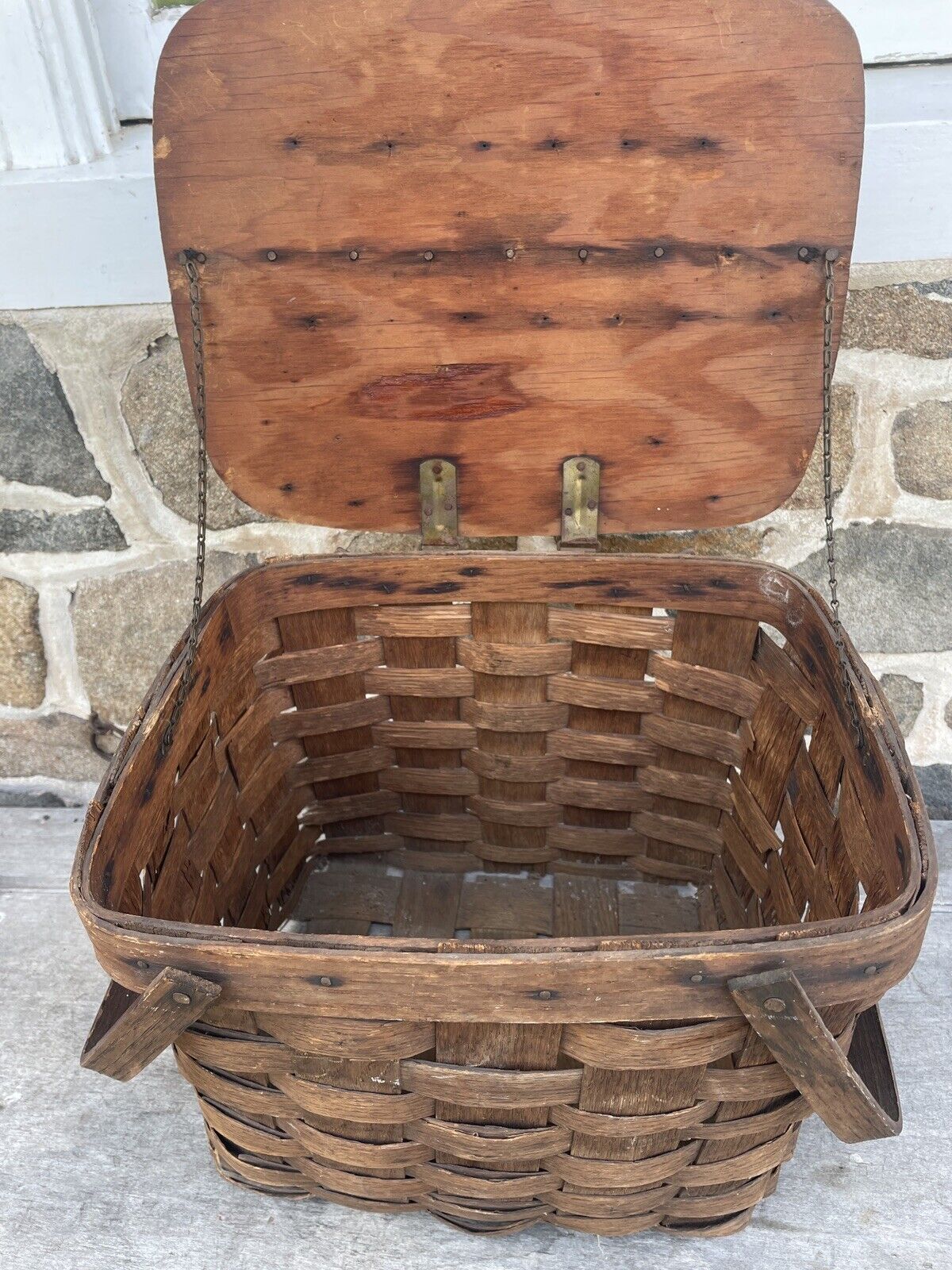 Antique Picnic Basket Handmade Wood Split Oak Lidded Handles Gathering Vtg USA
