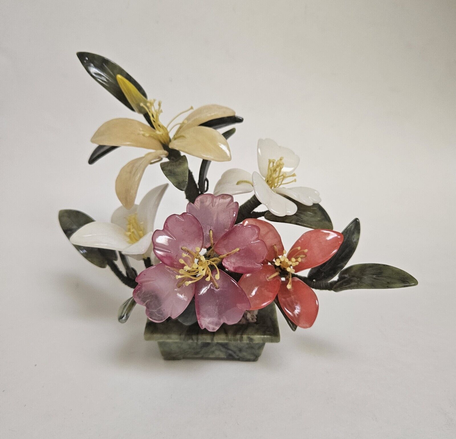 Vtg Chinese Quartz Onyx Jade Carved Stone Flower Pot Planter 7\