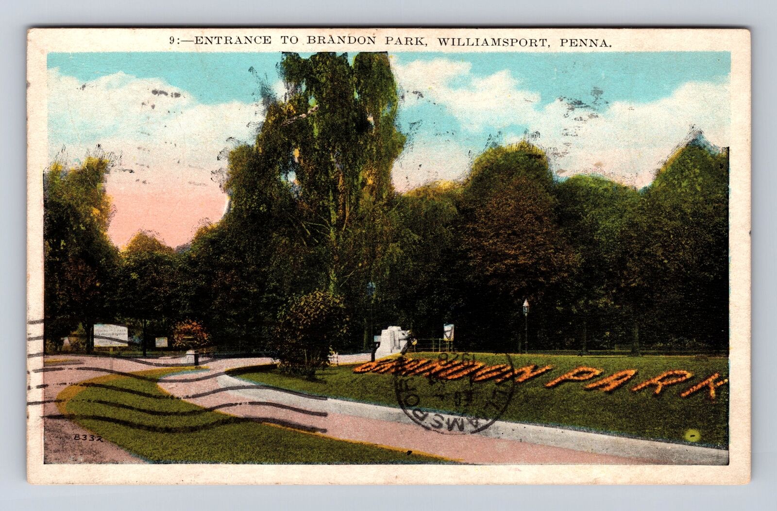 Williamsport PA-Pennsylvania, Entrance To Brandon Park, Vintage c1928 Postcard