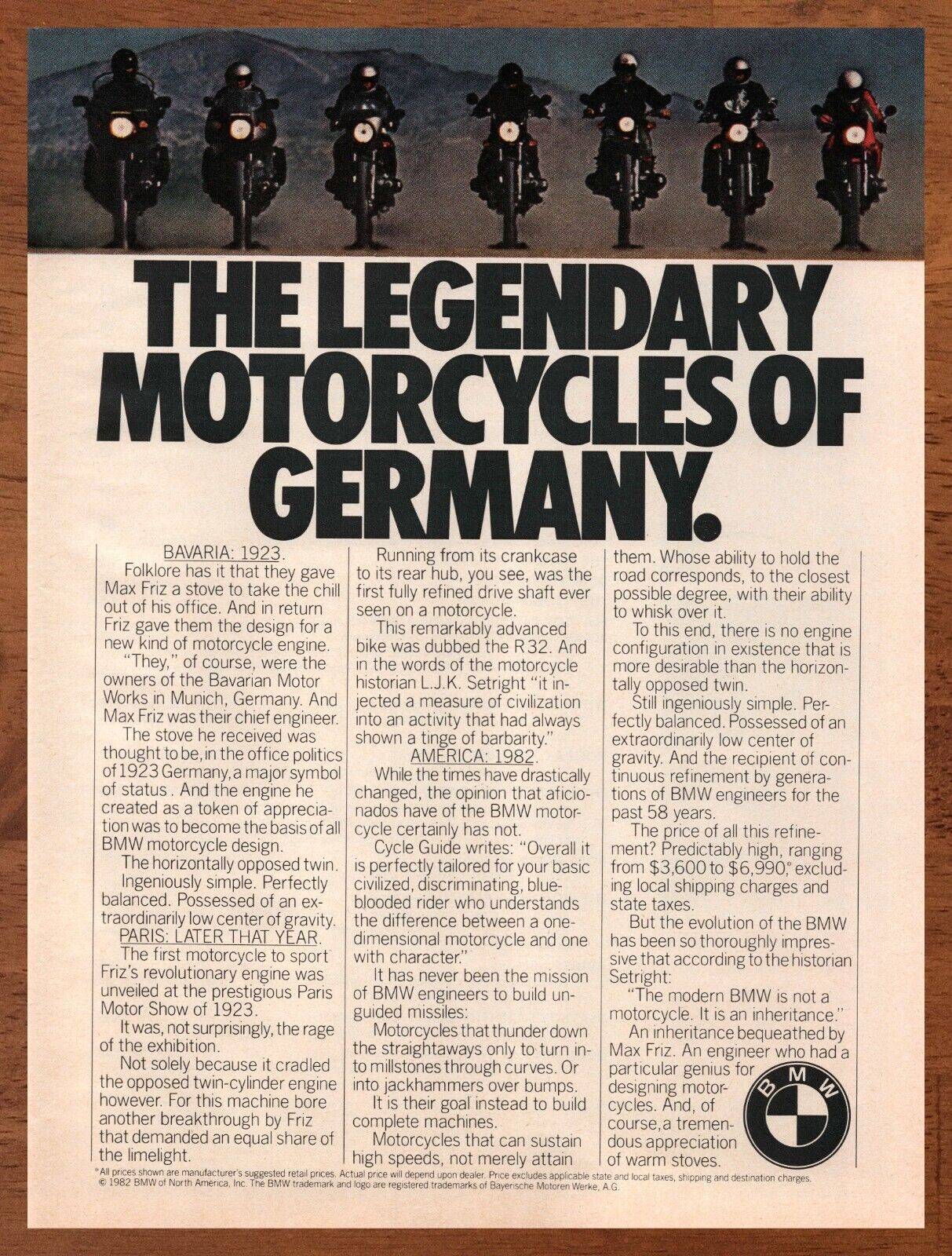 1982 BMW Motorcycles Vintage Print Ad/Poster Authentic Man Cave Bar Wall Art 80s