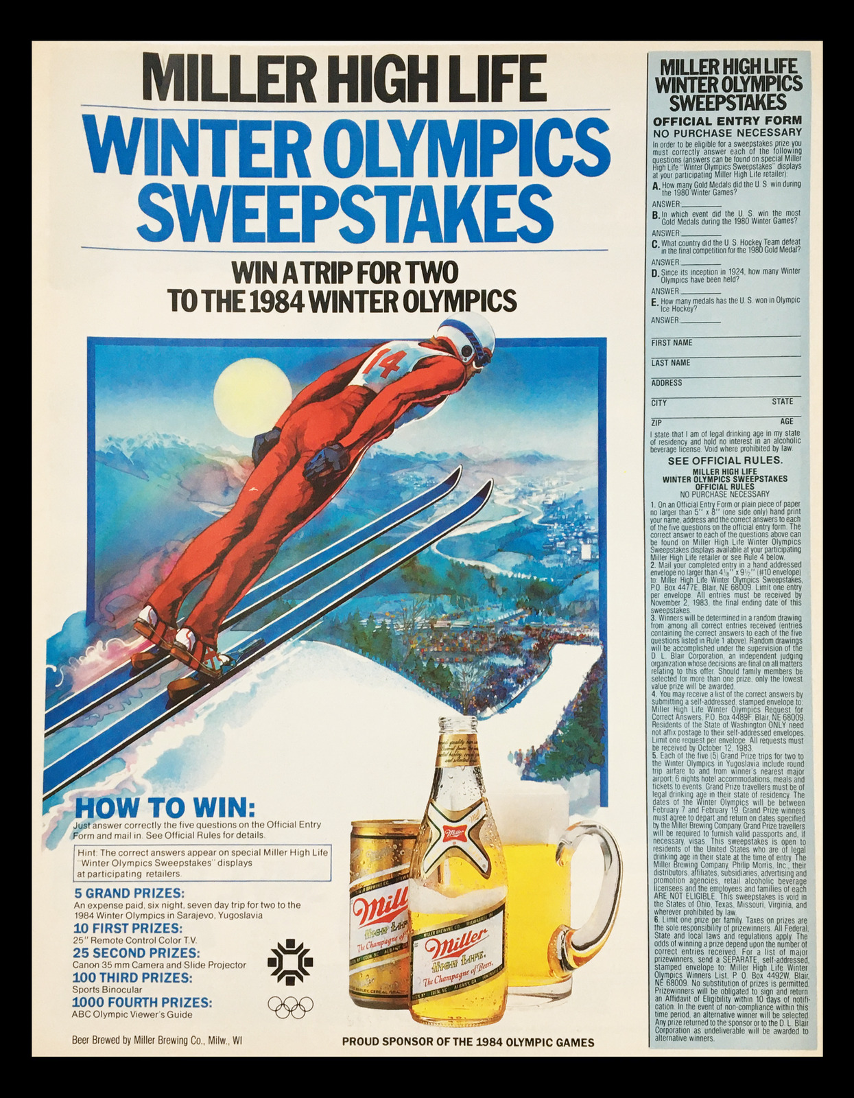 1984 Winter Olympics Sweepstakes Coupon Advertisement