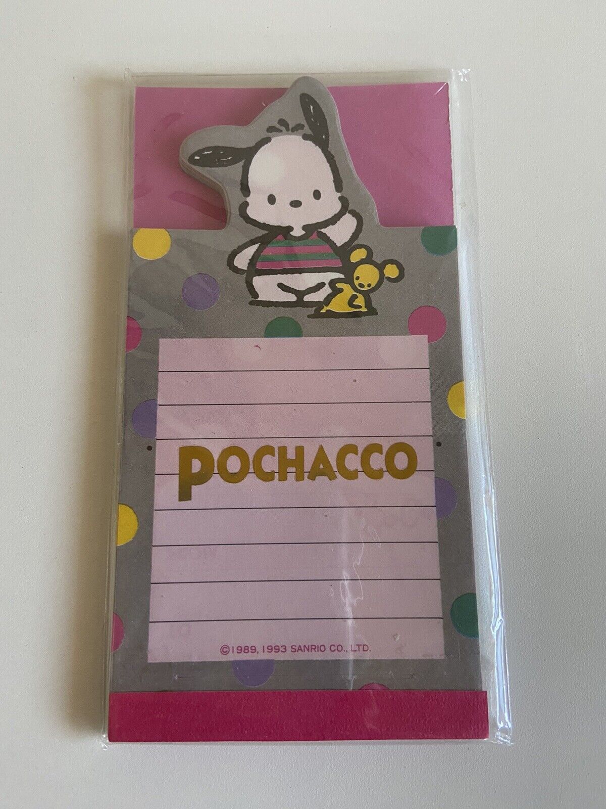 NIP 1993 Vintage Sanrio Pochacco Dog Pink Notepad - Polka Dot Print