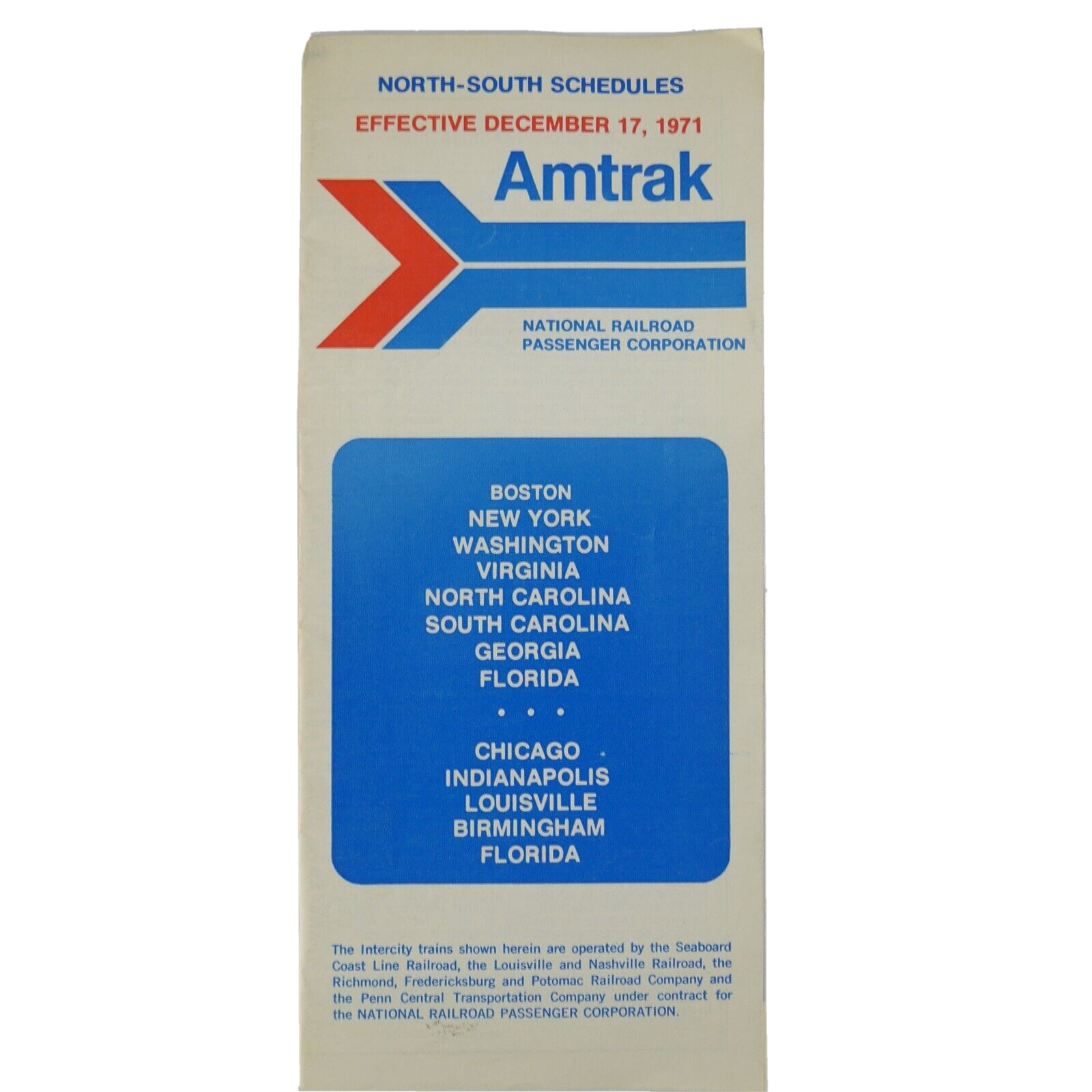 1971 December 17th Amtrak North-South Train Schedule Railroad Time Table