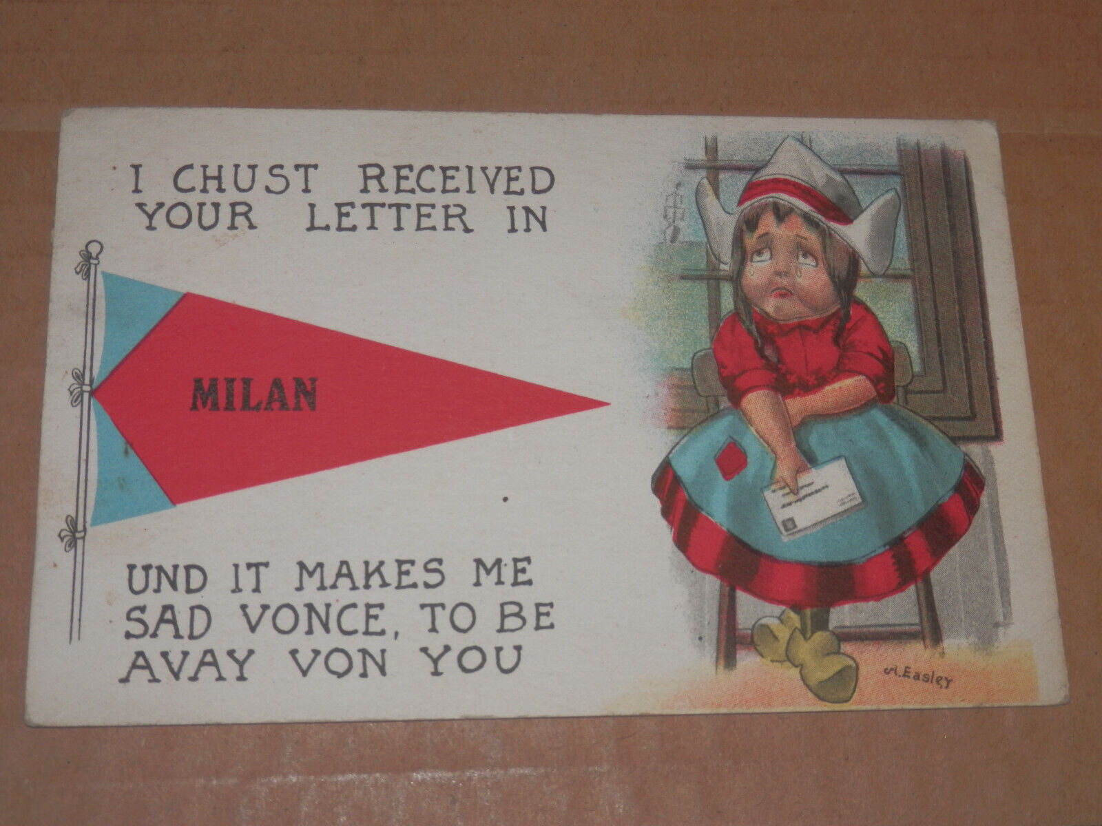 MILAN MN - 1915 POSTCARD - SAD DUTCH GIRL PENNANT GREETINGS - CHIPPEWA COUNTY