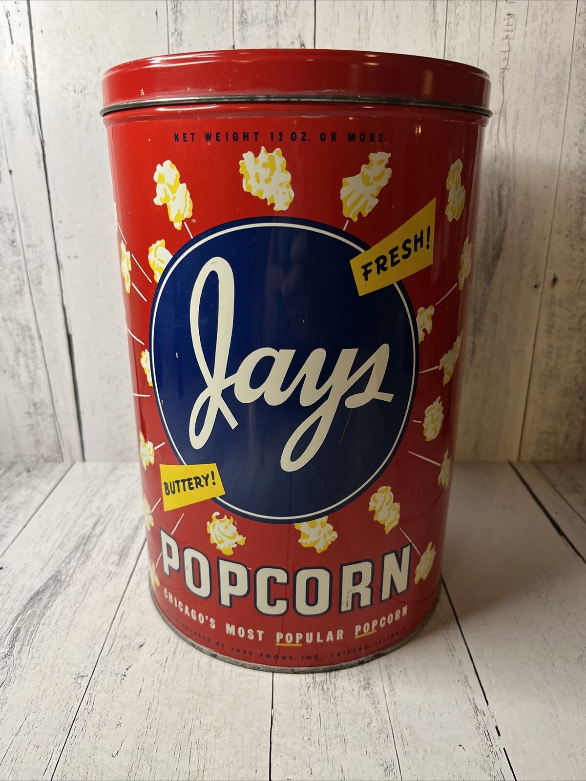 Vintage 1950s Red Jays Popcorn Tin Chicago Fresh Buttery Bright Colors