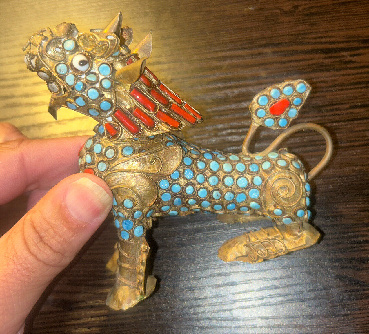 Antique Tibetan Brass and Enamel Temple Foo Dog Censer