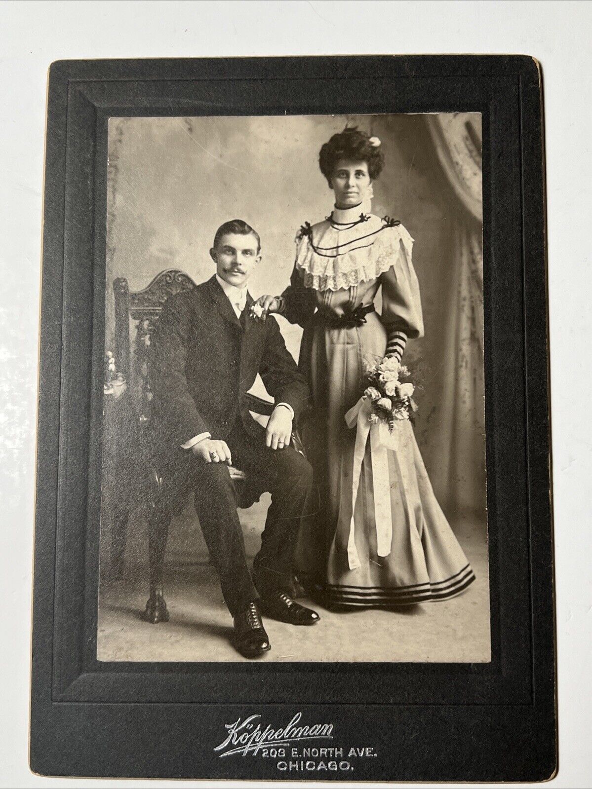 1880s WEDDING COUPLE Antique Cabinet Card Photo CHICAGO ILL John & Lizzie SEEK