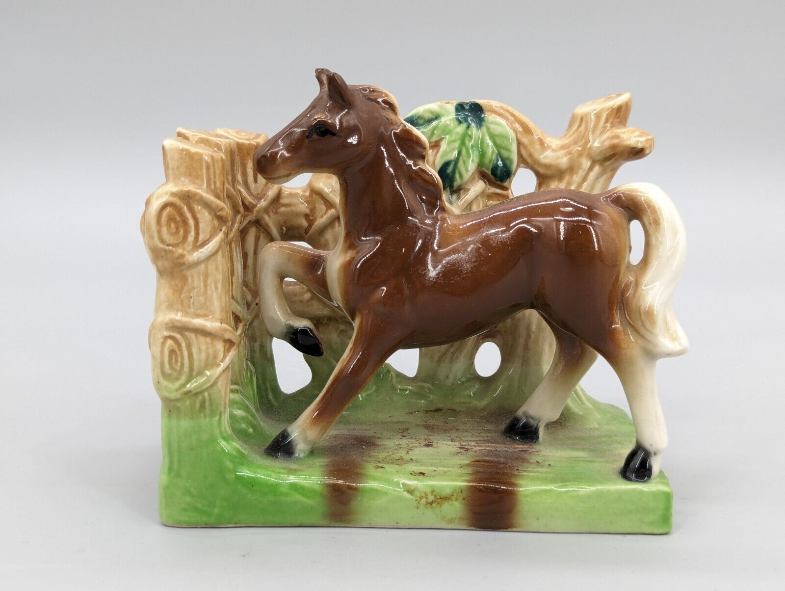 Tilso Japan Vintage Ceramic Porcelain Horse  & Fence Statue Figue Bookend