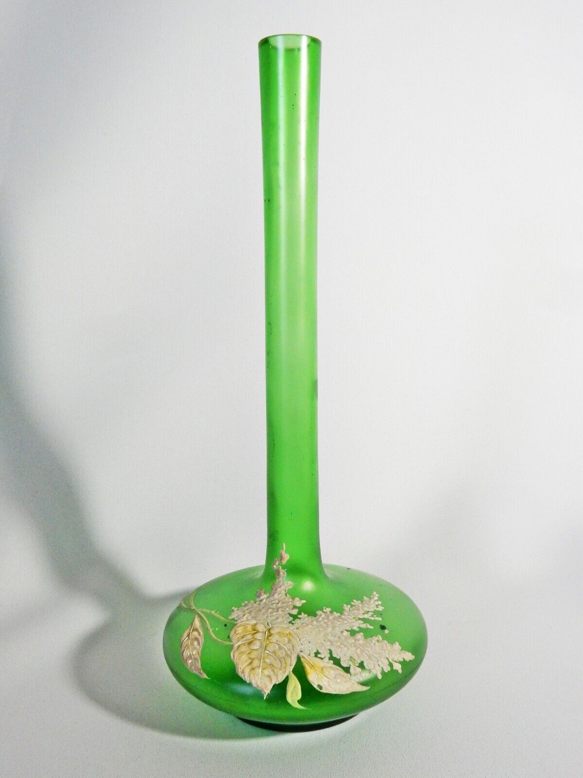 Antique Art Nouveau Emile Galle Style Satin Green White Overlay Glass Bud Vase