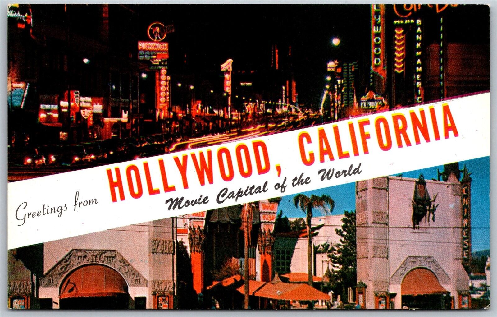 Vtg Hollywood California CA Dualview Banner Greeting Movie Capital View Postcard