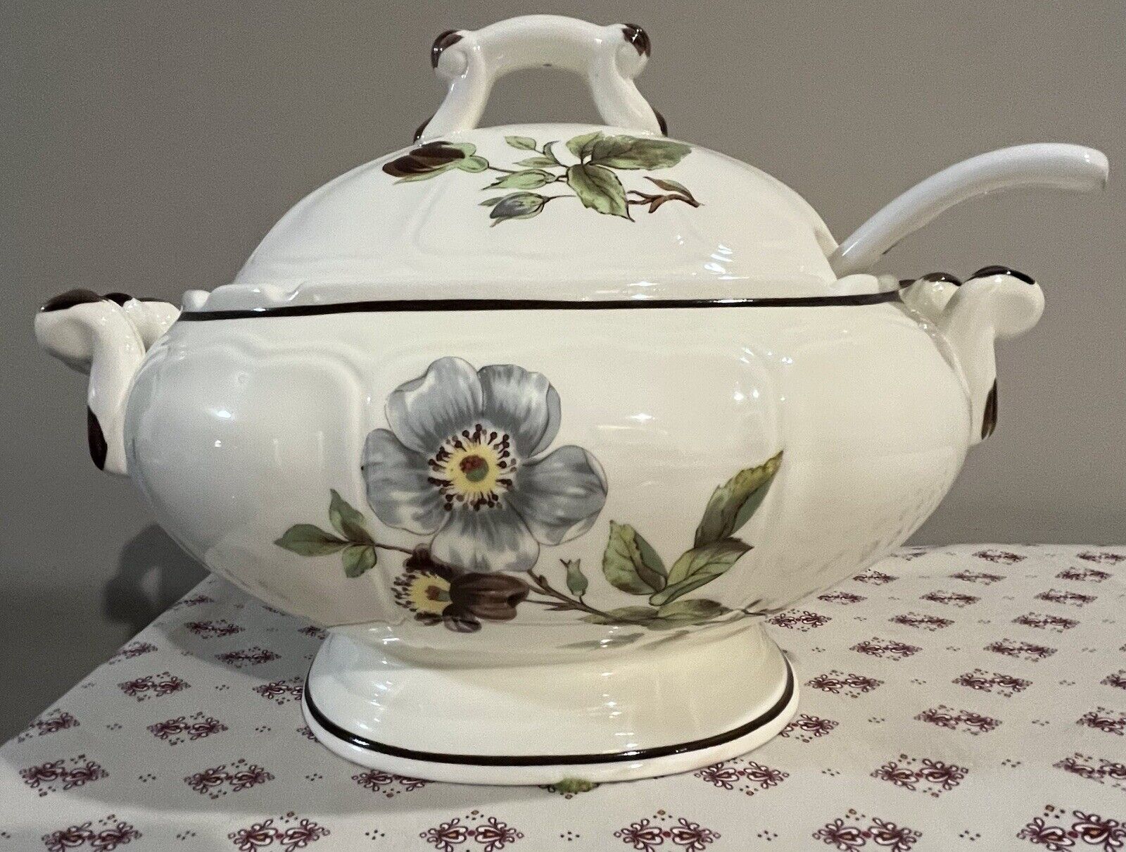 Vintage Sangostone Apple Blossom Soup Tureen Blue Brown Floral Stoneware w/Ladle