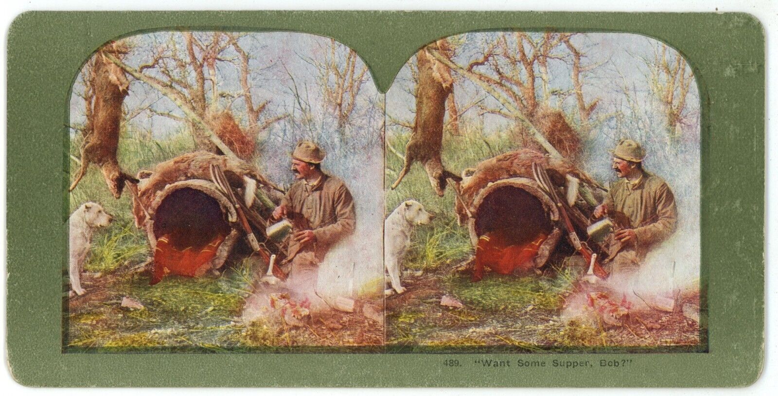 c1900\'s Colorized Stereoview 489 Want Some Dinner Bob? Hunter & His Dog Campfire