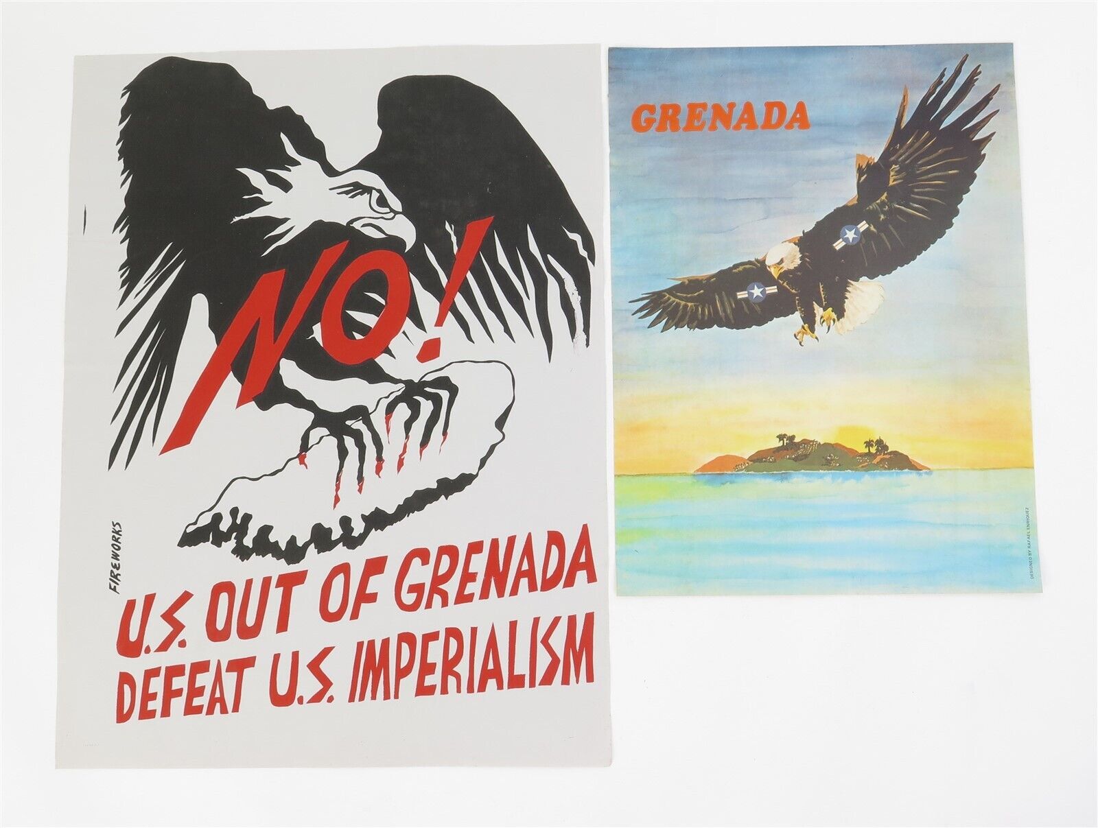 2 Vintage Original Grenada Propaganda Posters 1983 Occupation Fireworks Graphics