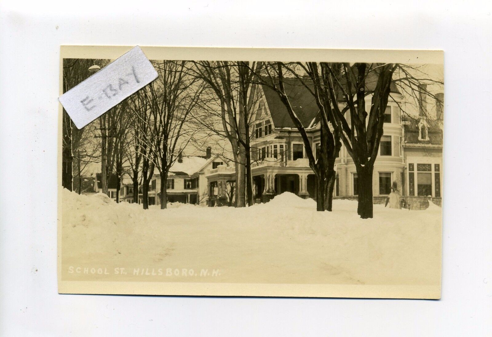 Hillsboro NH RPPC real photo School Street view, snow scene, homes, 1920\'s?