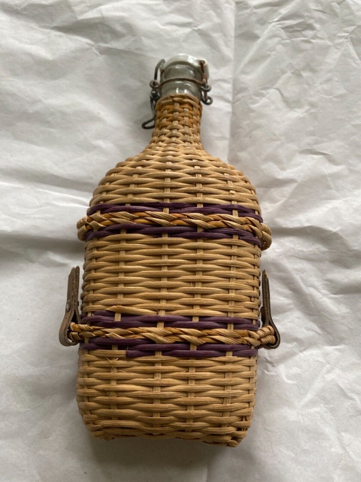 RARE UNUSUAL French Wicker Wrapped Glass Holy Water Bottle from Lourdes France