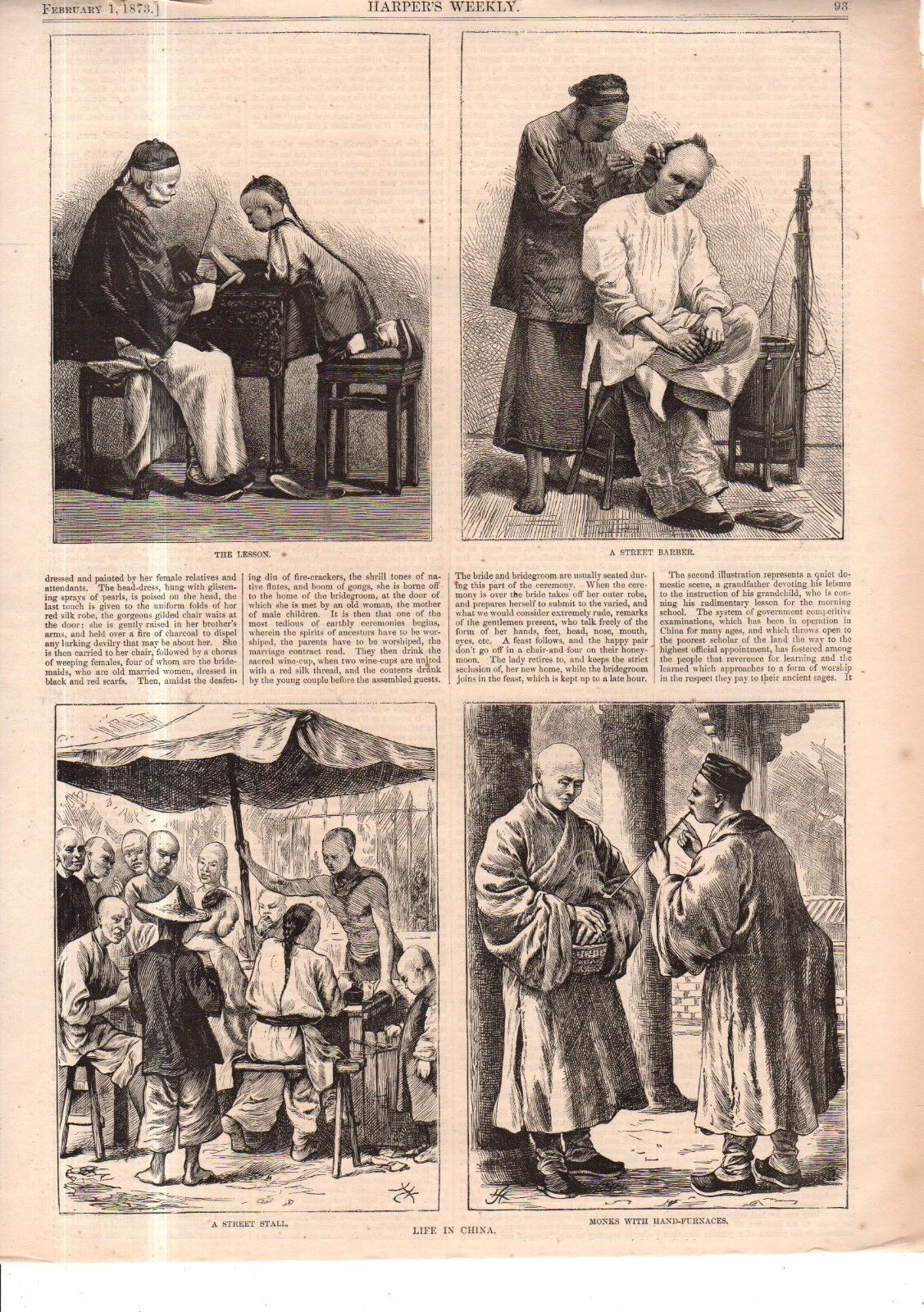 1873 Harper's Weekly - Life in China - Barber, school lesson, street stall, Monk