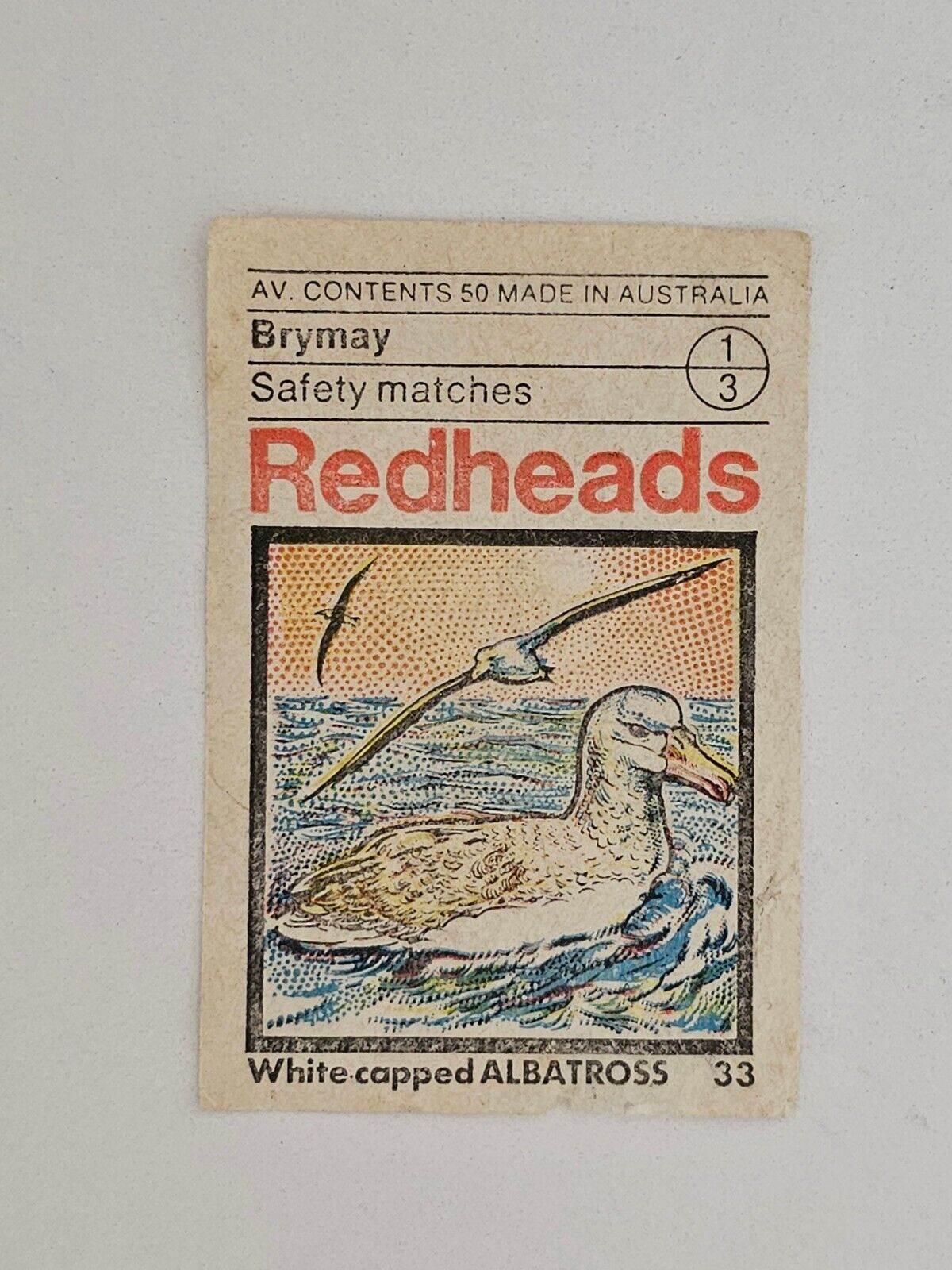 BRYMAY Redheads Matchbox Label White capped Albatross #33 (ML191)