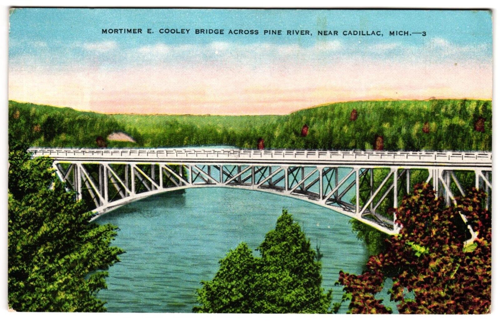 Mortimer E. Cooley Bridge Across Pine River Cadillac MI Michigan 1950s Postcard