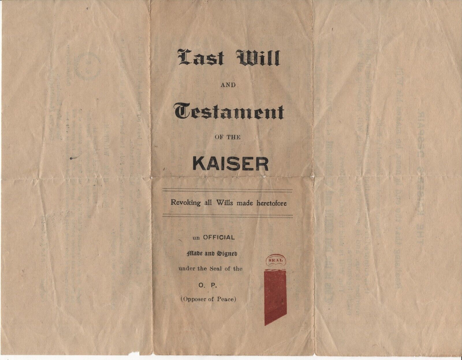 Vintage 1918 WW I Kaiser Wilhelm Last Will & Testament + Talk to Hell