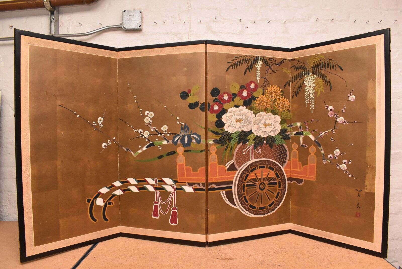 Japanese VTG 4 Panel Folding Screen Asian Byobu Painted Chinese 70x36 Antique=