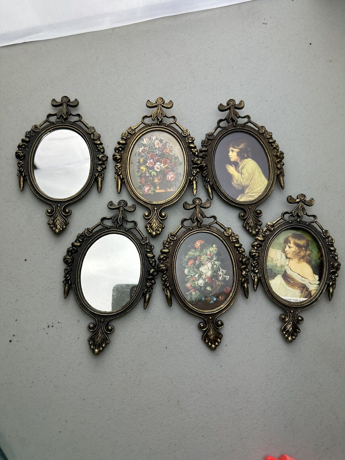 Vtg Small 6.5” Ornate Brass Oval Frames Mirror Picture Lot Of 6 Made in Italy