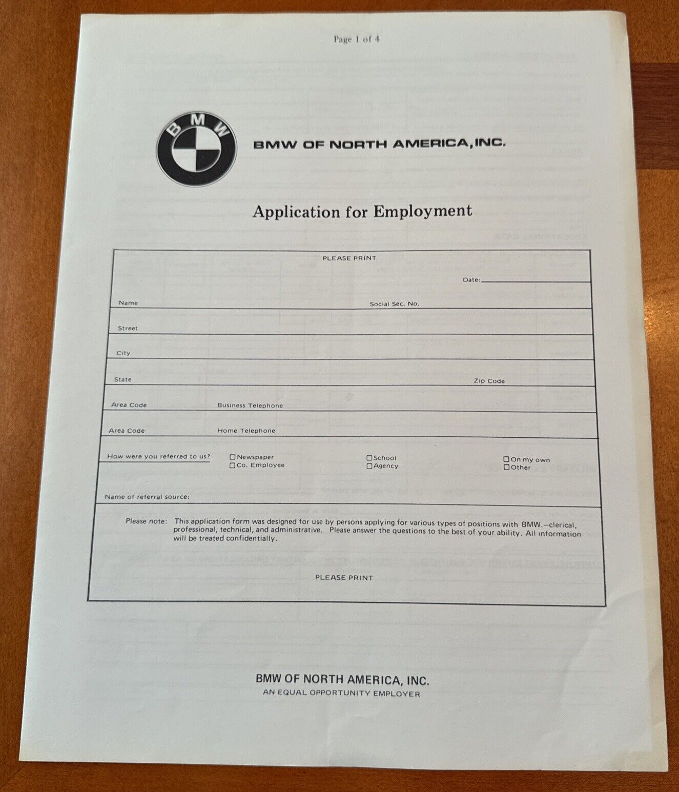 1980 BMW Employment Application 
