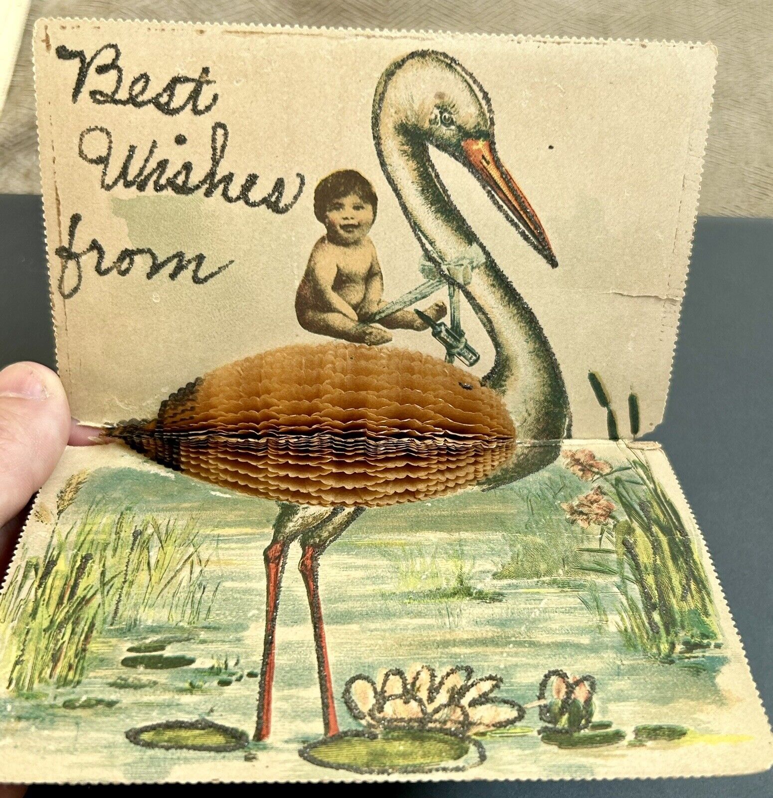 Vintage Letter card. Best Wishes. Baby On Flamingo. Early 1900s Greeting Card